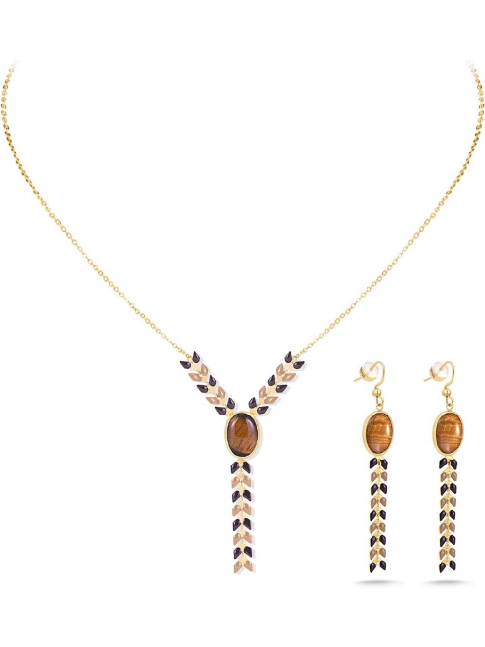 Western-Inspired Tigers Eye Wheat Chain Necklace & Earrings Jewelry Set
